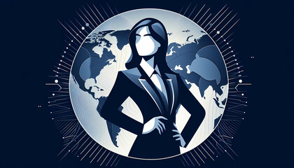 Naklejka premium Minimalist geometric illustration for International Women’s Rights Day — confident woman silhouette centered on a world map, midnight blue and platinium silver palette, clean shapes