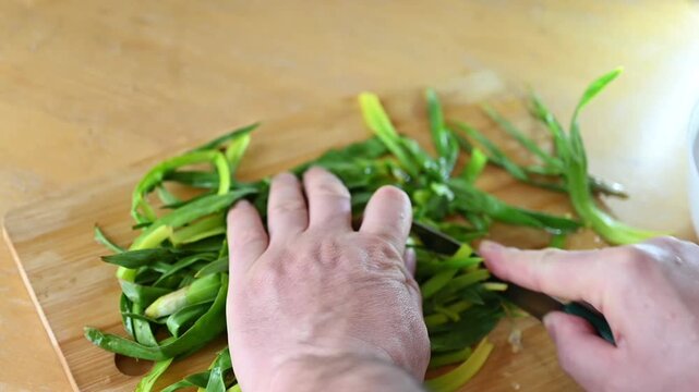 Hands cutting fresh wild leeks on wooden board. Person preparing organic asphodelus leaves for healthy vegan meal in kitchen setting.