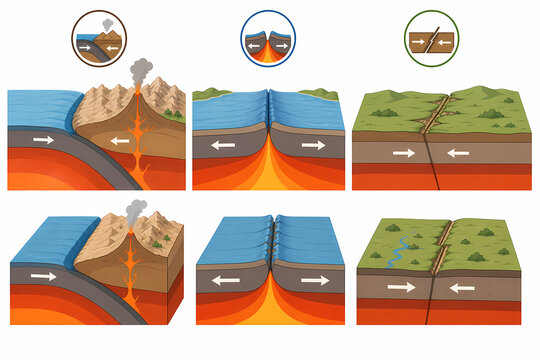 Plate tectonics three boundary types convergent divergent transform