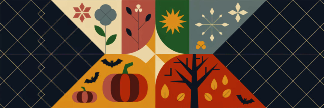Mid century modern autumn Halloween pattern with pumpkins bats geometric seasons tree leaves abstract floral design on dark background
