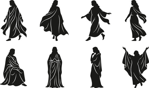 silhouette of person in cape walking and kneeling poses flat design vector illustration