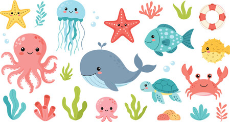 Cute sea animals collection vector set with whale octopus jellyfish turtle fish crab and coral © Shabita