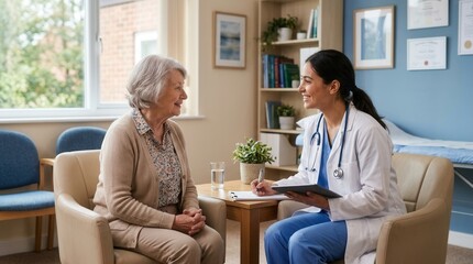 Fototapeta premium Compassionate Doctor Consults Patient In Bright Modern Clinic Setting