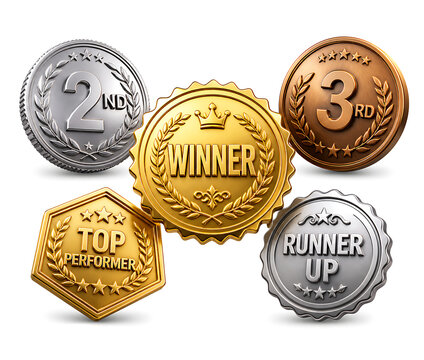 Set of gold, silver, and bronze badges and medals for competition winners and top performers