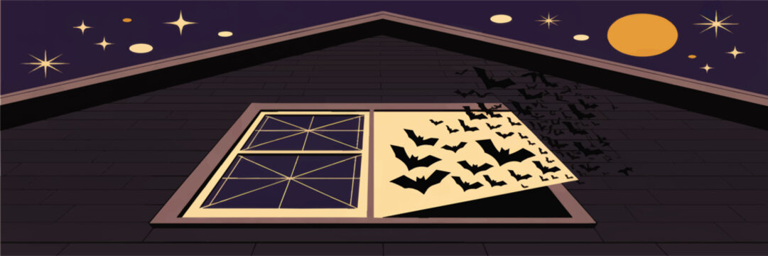 Halloween bats flying from attic window at night, spooky haunted house roof under starry sky and full moon illustration