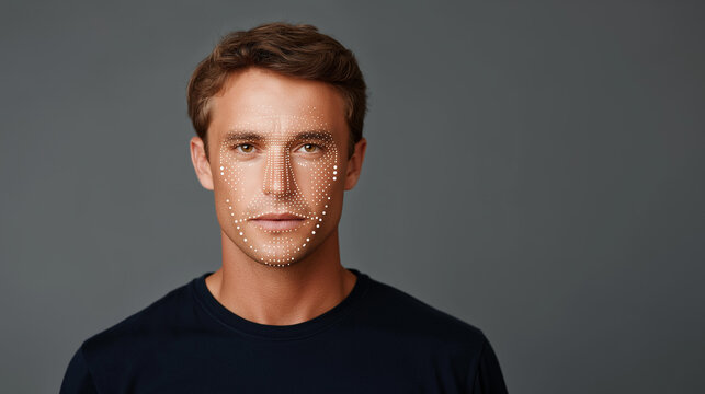 Young Caucasian man identified by biometric facial recognition scanning with projected dots, futuristic healthcare identification concept, with copy space