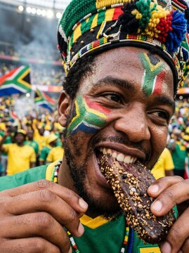 Black South African football fan eating juicy biltong close-up emotional stadium moment