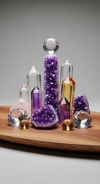Funkelnde Edelsteine und Amethyst-Kristalle liegen harmonisch arrangiert auf Naturholz f&uuml;r spirituelle Meditation und energetische Balance, Naturstein, Spiritualit&auml;t, Amethyst