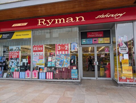 Stoke Hanley UK May 2 2026 Ryman branch shop front and window display.