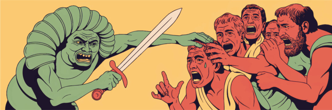 Retro comic style mythological monster attacking terrified crowd with sword, dramatic horror fantasy illustration on pastel background