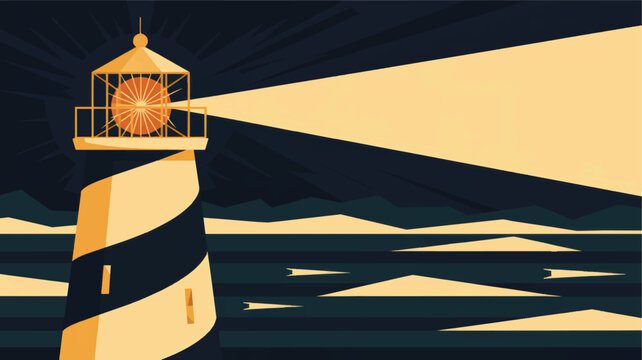 Coastal lighthouse beacon at night, minimalist nautical vector illustration with bright guiding light over dark ocean waves