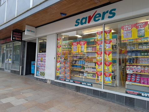 Stoke Hanley UK May 2 2026 Savers discount chain branch shop front and window display.
