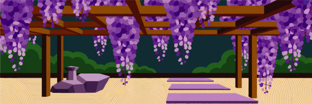 Tranquil Japanese garden pergola with hanging purple wisteria flowers, stone lantern and zen sand pathway, flat vector illustration
