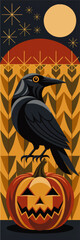 Naklejka premium Halloween crow on jack o lantern with full moon and wheat field, vintage flat vector illustration for autumn holiday design
