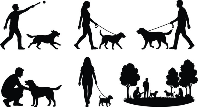 people walking dogs in park and city flat design vector illustration