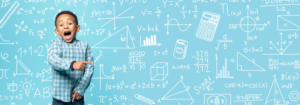 A child stands smiling in front of a blue background filled with math and science symbols. The design includes charts, formulas, and diagrams, showing learning and excitement.