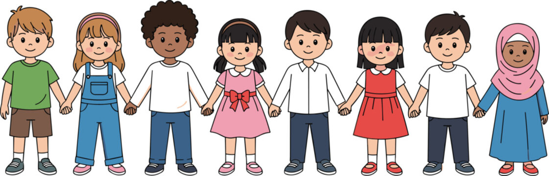 Diverse children holding hands vector illustration with multicultural kids friendship and unity concept