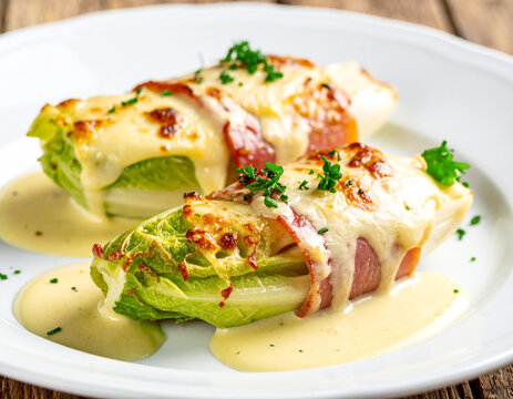 Belgian chicon au gratin, endive wrapped in ham and drizzled with b&eacute;chamel sauce. AI