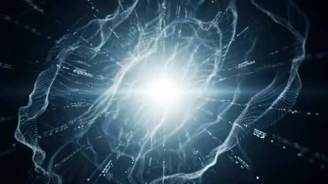 A pristine, luminous pure white core with ethereal glow slowly expands, clarifying an intricate abstract digital landscape of dark cool blues and grays with flowing data streams, concept of