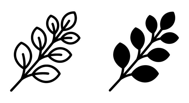 Black leaf branch icons, vector foliage, leafy twig illustrations, botanical symbols
