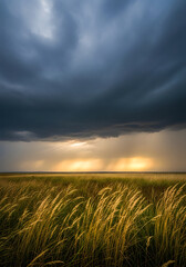 Obraz premium Golden sunset over tall grasses in serene fields