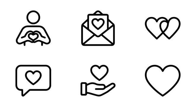 Heart icons, love symbols, chat, email, care, vector graphics