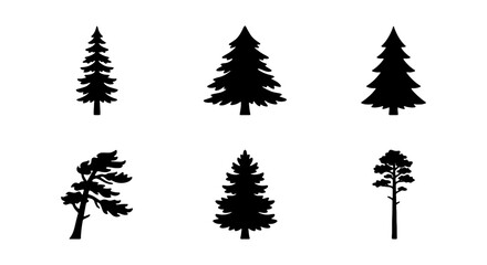 Obraz premium Pine tree silhouettes, forest icons, black trees, nature symbols, vector graphics