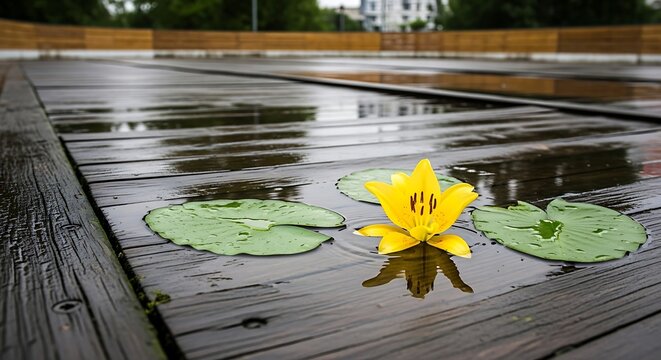 Yellow water lily floating on wet wooden surface with lily pads