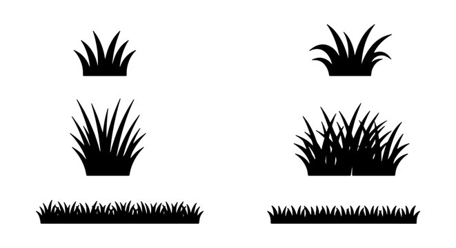 Black Grass Silhouettes, Lawn Foliage Icons, Vector Grass Clumps, Garden Elements