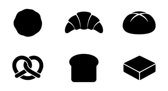 Black bread icons, bakery symbols, food shapes, vector graphics