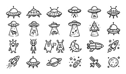 UFO and alien icon set hand drawn vector illustration black and white sticker collection isolated © Md