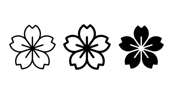 Black cherry blossom icons, flower symbols, vector graphics