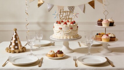 Naklejka premium Elegant birthday table setting featuring a decorated cake, cupcakes, and festive decor. Perfect for celebrations and party planning.