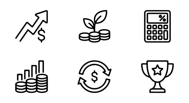 Financial icons, business symbols, money signs, growth charts, 6 vector graphics