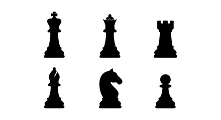 Black chess pieces, king, queen, rook, bishop, knight, pawn, strategy icons © TAMIM