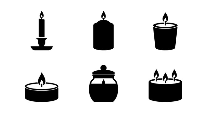 Black candle icons, vector candle symbols, burning candles, silhouette illustrations
