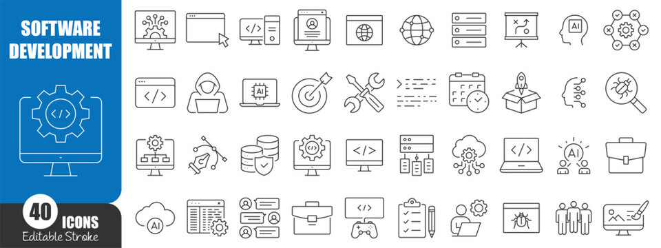 Software Development Line Icons Set, Coding Programming AI Technology Web Development Outline Vector Collection Editable Stroke