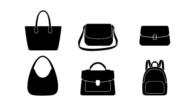 Handbag, purse, and backpack icons, black, minimalist style, vector graphics