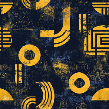 Seamless Japanese Raijin Fujin Thunder Wind God Abstract Symbol Pattern in Risograph Indigo Gold