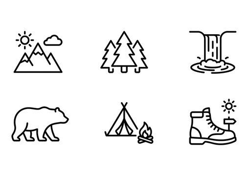 6 Nature icons mountain forest bear waterfall tent campfire, outline solid styles, UI and web interface design
