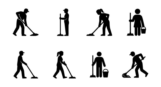 Cleaning, janitorial, maintenance icons, black silhouette set, 8 people
