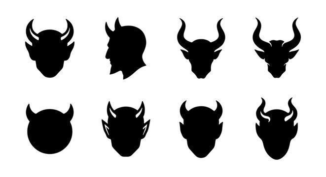 Devil, demon, bull, animal, head, icon, set, 8 silhouette, black