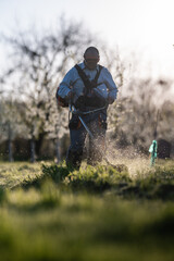 Naklejka premium Gardener trimming grass with a string trimmer tool