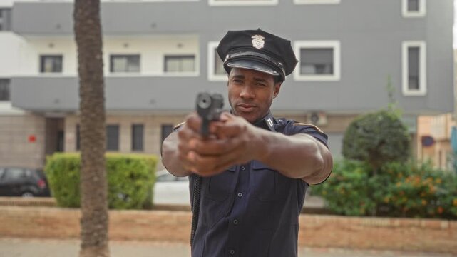 Man police officer in dark uniform points handgun with outstretched hand directly toward camera on a residential street; authority vigilance.