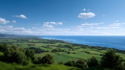 Fototapeta premium A sweeping panorama showcasing vibrant green fields meeting the deep blue expanse of the sea under a bright cloudy sky