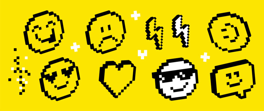 Bright pixel emoji sticker set in retro 8-bit style. Expressive icons and UI vector elements on vibrant yellow background for social media, messaging, reactions, notifications, mobile app interfaces