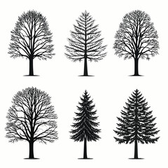 Fototapeta premium Six tree silhouettes line art vector illustration on white background