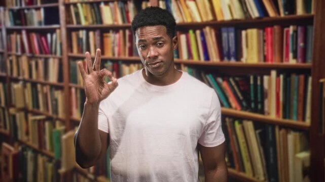 Man showing ok hand gesture with visible fingers in a library building among bookshelves; confidence assurance.