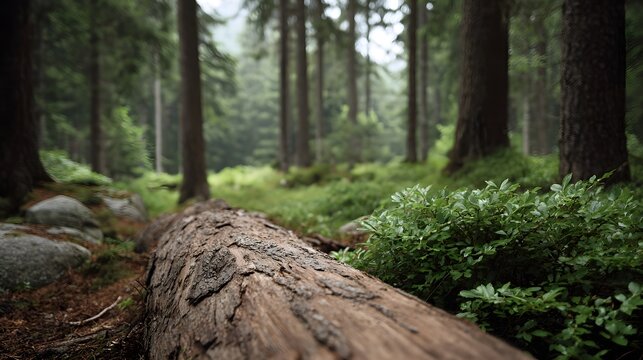 A serene view into a temperate forest featuring a fallen log in the foreground amid lush undergrowth and towering trees