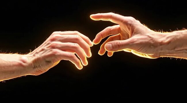 Two hands slowly reaching toward each other from opposite sides of the frame against a dark background, fingertips almost touching